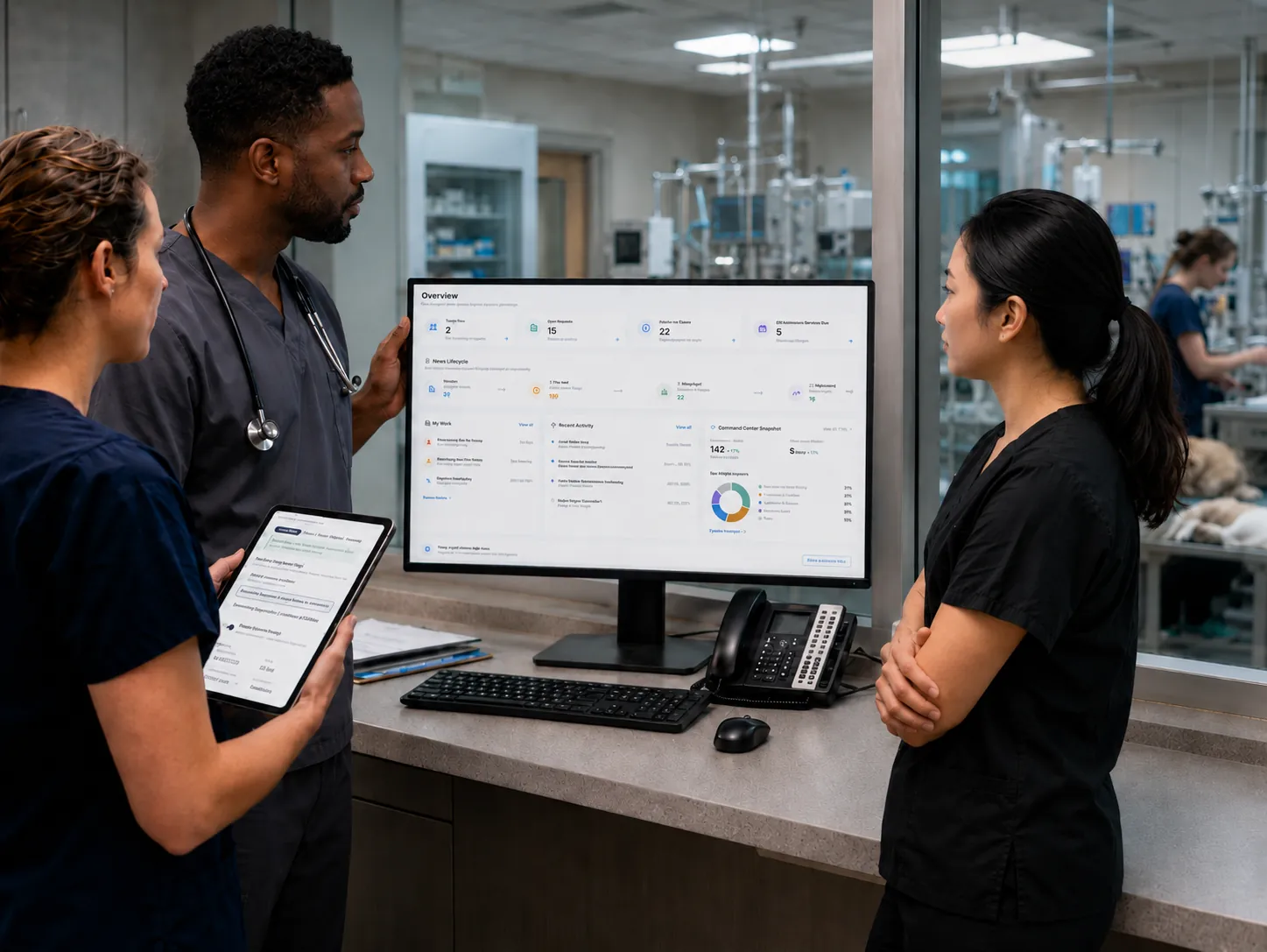 Veterinary team reviewing a Critical Signal Nexus dashboard.